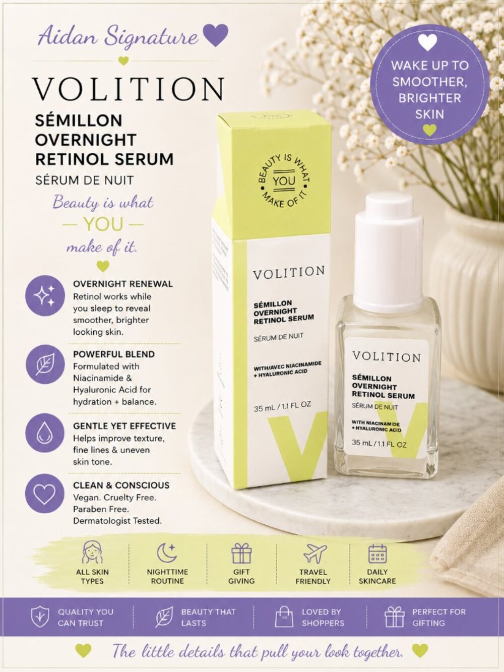 Volition Sémillon Overnight Retinol Serum 35mL Full Size Niacinamide + Hyaluroni